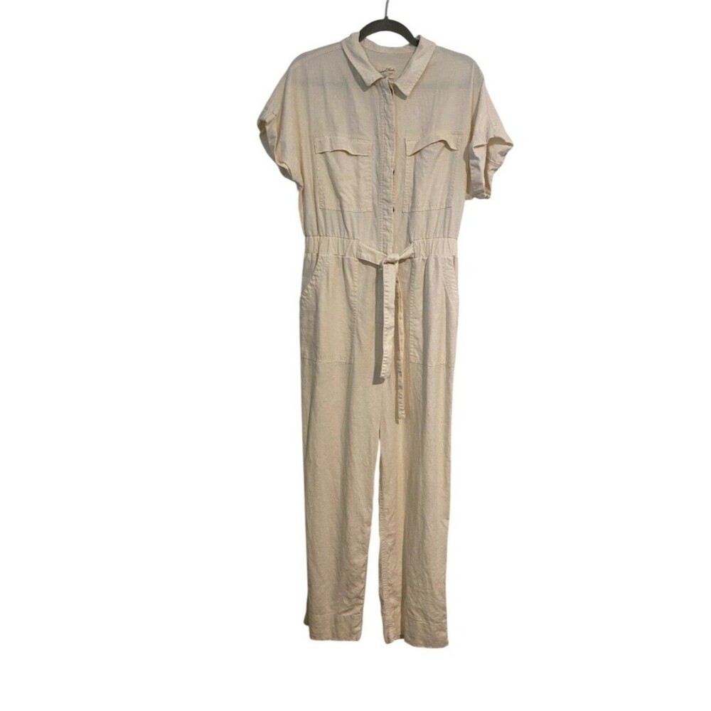 Universal Thread Women’s M Beige Jumpsuit Belted Waist Linen Blend Casual Comfy